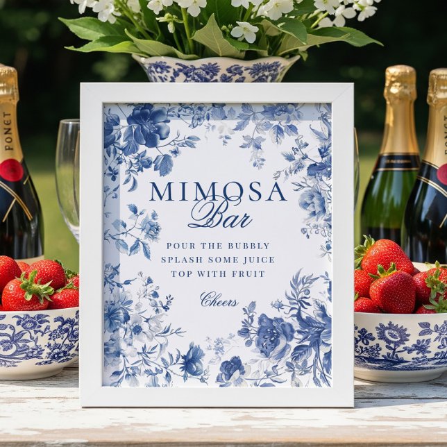 Poster Elegant Blue Toile Chinoiserie Mimosa Bar Sign (Créateur téléchargé)