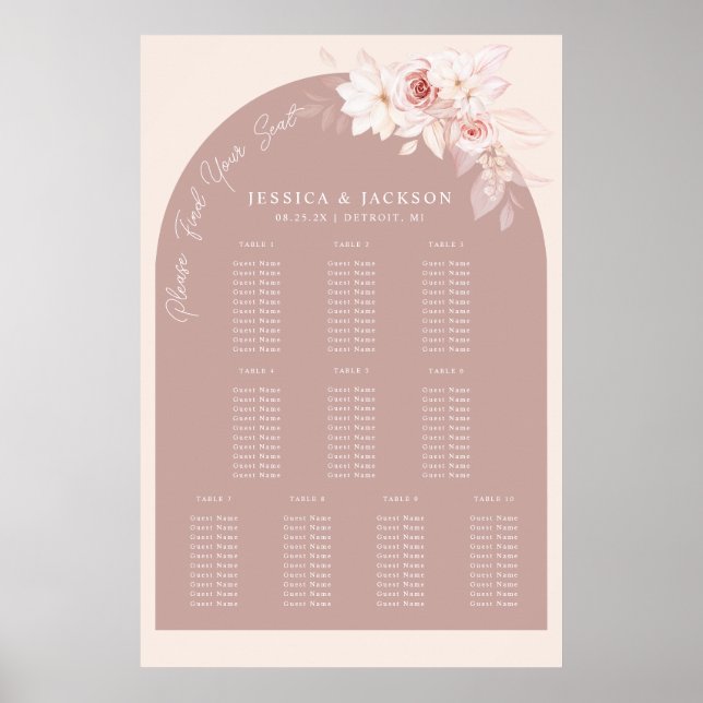 Poster Élégant Blush Floral Mariage Carte de siège (Devant)