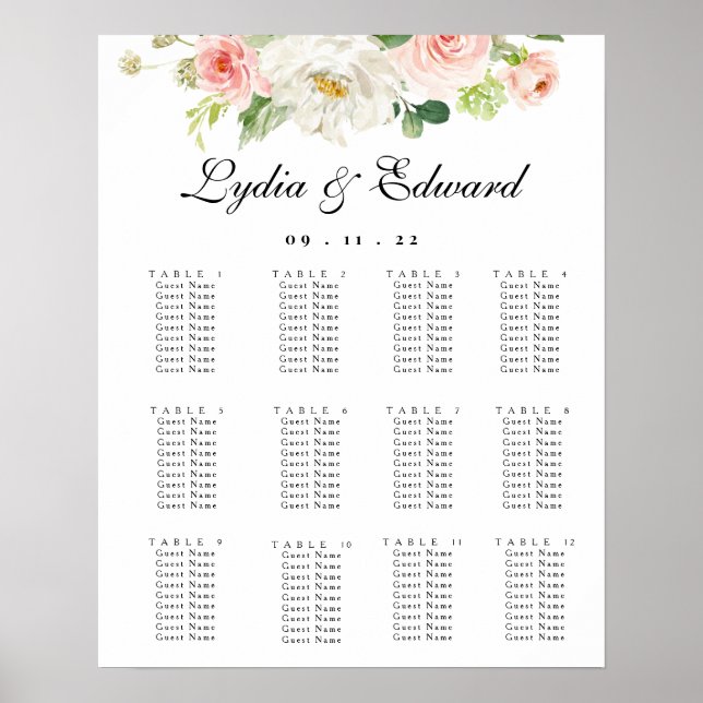 Poster Élégant Blush Floral Mariage Carte de siège (Devant)