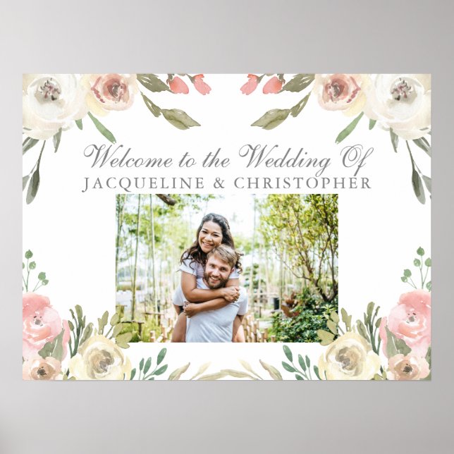 Poster Elégant Blush rose Floral Photo Jardin Mariage (Devant)