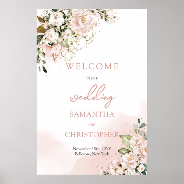 Poster Elégant boho aquarelle douce rose mariage accueil (Devant)