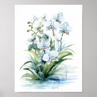 Poster Elégant Boho Blue Watercolor Orchidées