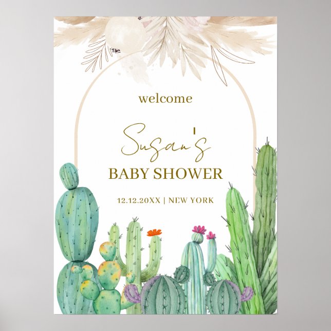 Poster Elégant Boho Cactus Arch Baby shower Bienvenue (Devant)