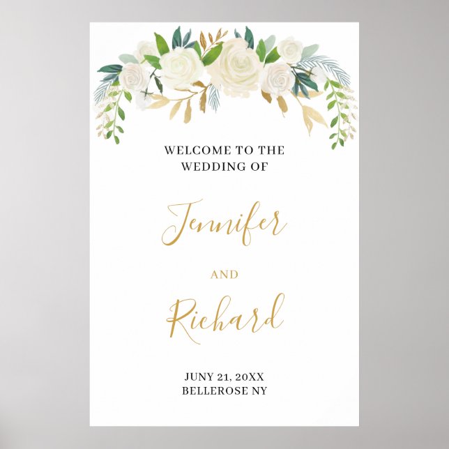 Poster Elégant boho ivoire fleuri or mariage accueil (Devant)