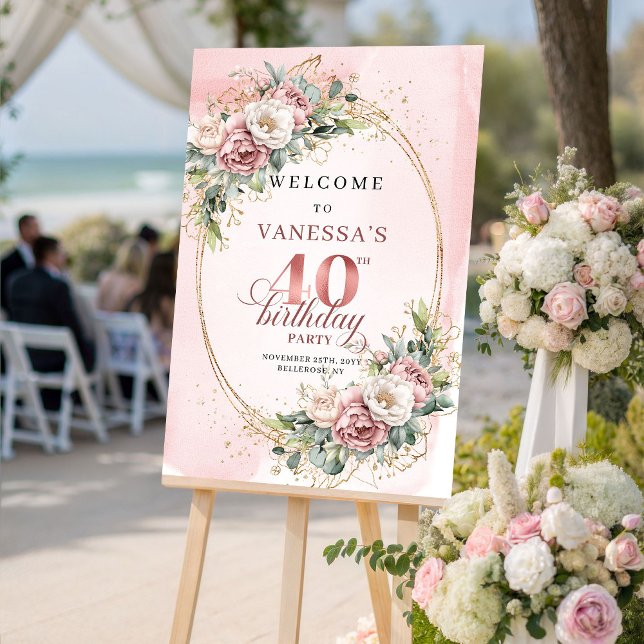 Poster Elegant Boho Rose Gold Greenery 40th Birthday  (Elegant Boho Rose Gold Greenery 40th Birthday Welcome)