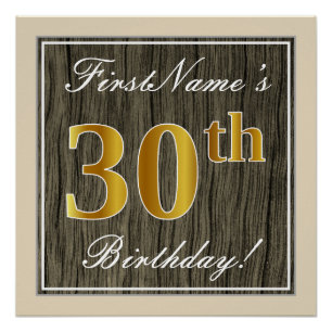 Poster Élégant, Bois Faux, Or Faux 30e Anniversaire + Nom