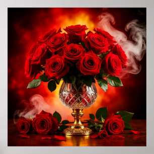Poster Elégant Bouquet Roses rouges dans Vase en Verre Vi