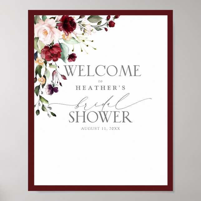 Poster Elégant Bourgogne Floral Aquarelle Douche Bienvenu (Devant)