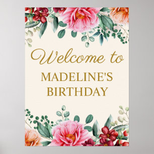 Poster Elégant Bourgogne rose Floral Anniversaire Bienven