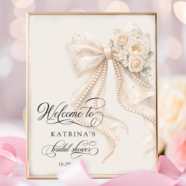 Poster Elegant Bow and Pearl Bridal Shower Welcome (Créateur téléchargé)