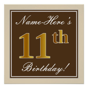 Poster Elégant, Brown, Faux Gold 11ème anniversaire + Nom