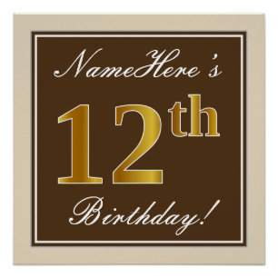 Poster Elégant, Brown, Faux Gold 12ème anniversaire + Nom