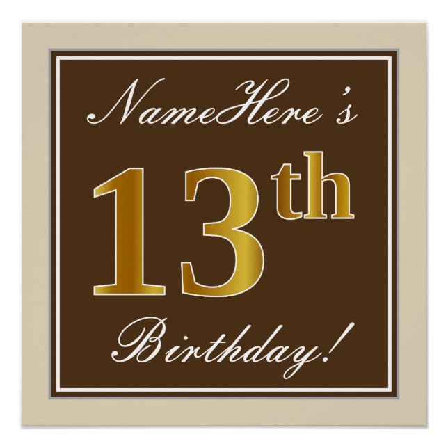 Poster Elégant, Brown, Faux Gold 13ème anniversaire + Nom (Devant)