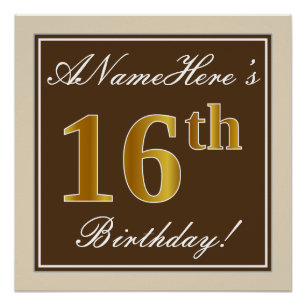 Poster Elégant, Brown, Faux Gold 16ème anniversaire + Nom