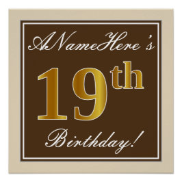 Poster Elégant, Brown, Faux Gold 19ème anniversaire + Nom