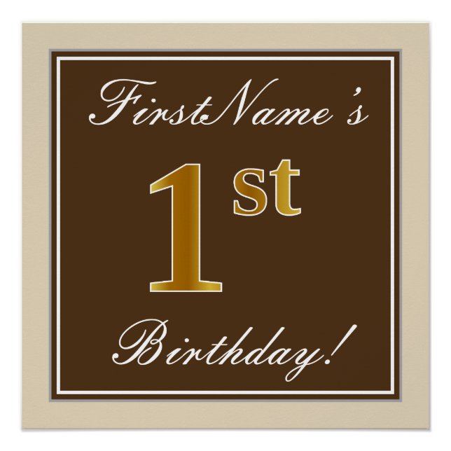 Poster Elégant, Brown, Faux Gold 1er anniversaire + Nom (Devant)