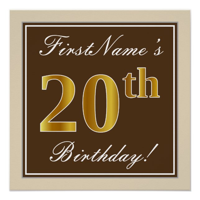 Poster Elégant, Brown, Faux Gold 20e anniversaire + Nom (Devant)