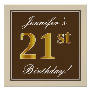 Poster Elégant, Brown, Faux Gold 21ème anniversaire + Nom