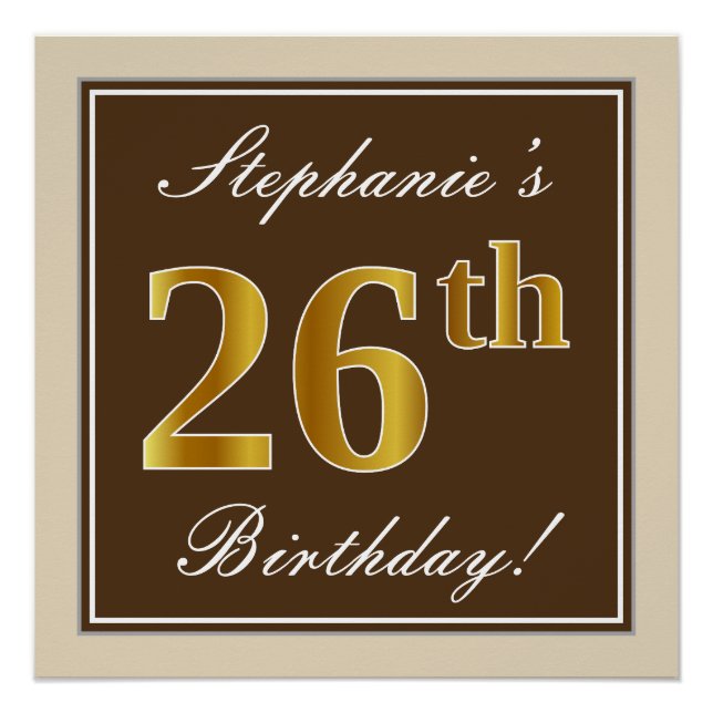 Poster Elégant, Brown, Faux Gold 26ème anniversaire + Nom (Devant)