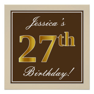 Poster Elégant, Brown, Faux Gold 27ème anniversaire + Nom
