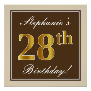 Poster Elégant, Brown, Faux Gold 28ème anniversaire + Nom