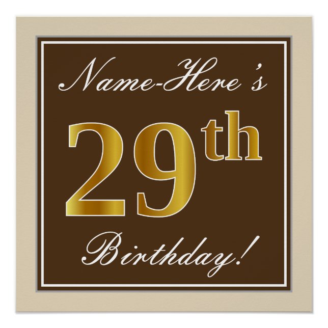 Poster Elégant, Brown, Faux Gold 29ème anniversaire + Nom (Devant)