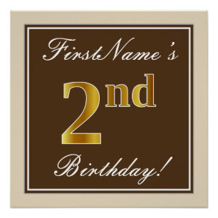 Poster Élégant, Brown, Faux Gold 2e anniversaire + nom