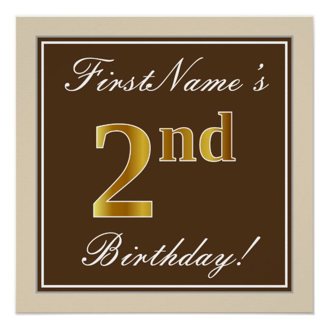 Poster Élégant, Brown, Faux Gold 2e anniversaire + nom (Devant)