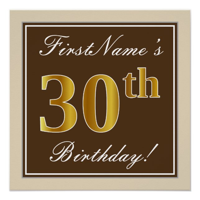 Poster Elégant, Brown, Faux Gold 30e anniversaire + Nom (Devant)