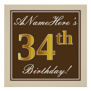 Poster Elégant, Brown, Faux Gold 34ème anniversaire + Nom