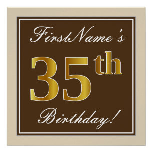 Poster Elégant, Brown, Faux Gold 35ème anniversaire + Nom