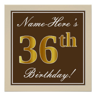 Poster Elégant, Brown, Faux Gold 36ème anniversaire + Nom