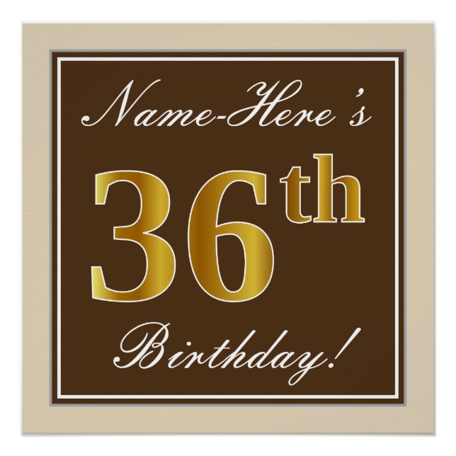 Poster Elégant, Brown, Faux Gold 36ème anniversaire + Nom (Devant)