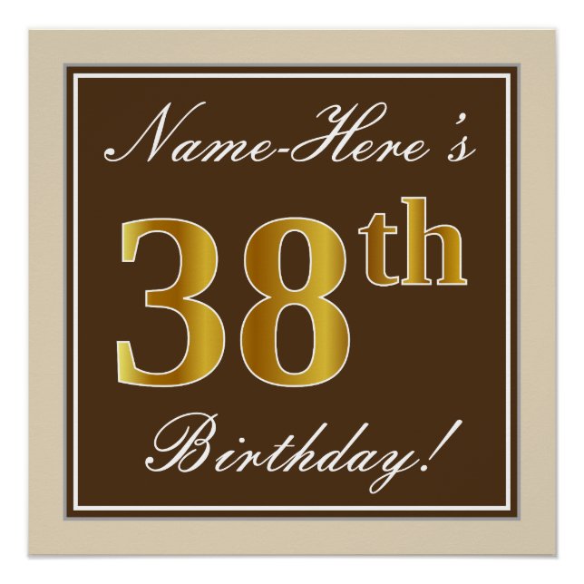 Poster Elégant, Brown, Faux Gold 38ème anniversaire + Nom (Devant)