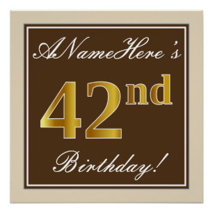 Poster Elégant, Brown, Faux Gold 42ème anniversaire + Nom