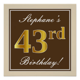 Poster Elégant, Brown, Faux Gold 43ème anniversaire + Nom