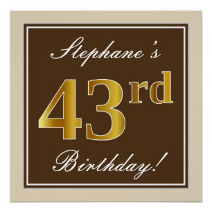 Poster Elégant, Brown, Faux Gold 43ème anniversaire + Nom