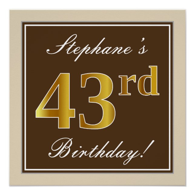 Poster Elégant, Brown, Faux Gold 43ème anniversaire + Nom (Devant)