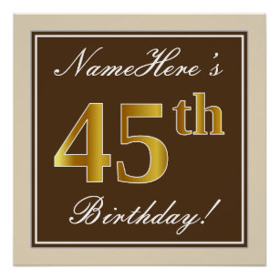 Poster Elégant, Brown, Faux Gold 45ème anniversaire + Nom