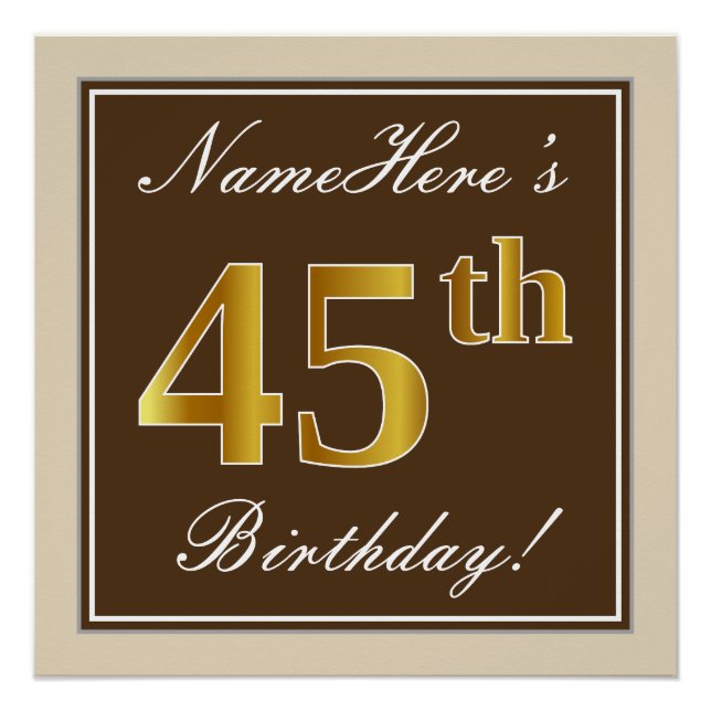 Poster Elégant, Brown, Faux Gold 45ème anniversaire + Nom (Devant)