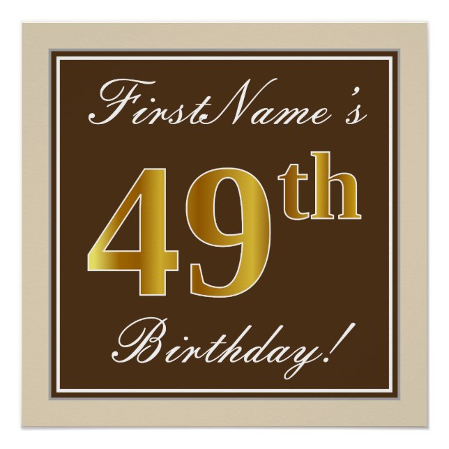 Poster Elégant, Brown, Faux Gold 49ème Anniversaire + Nom (Devant)