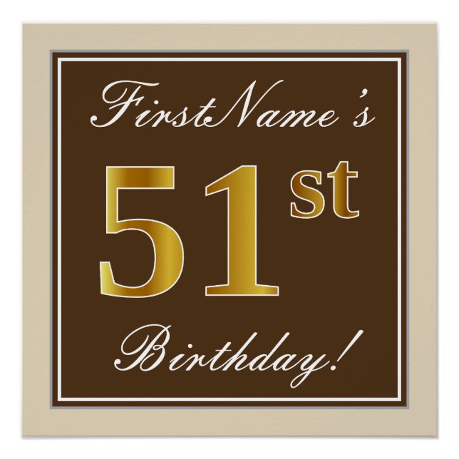 Poster Elégant, Brown, Faux Gold 51ème Anniversaire + Nom (Devant)