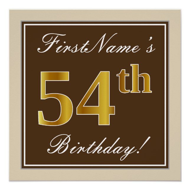 Poster Elégant, Brown, Faux Gold 54e anniversaire + Nom (Devant)