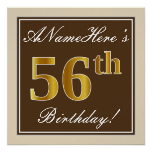 Poster Elégant, Brown, Faux Gold 56ème anniversaire + Nom