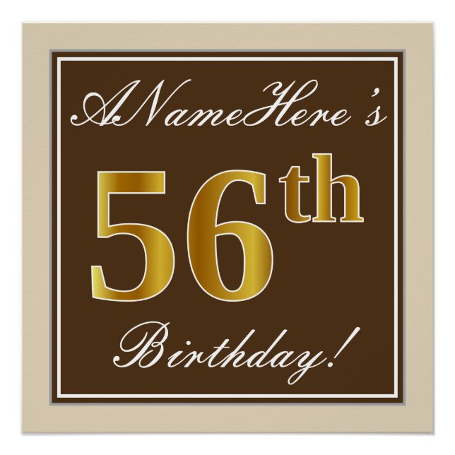 Poster Elégant, Brown, Faux Gold 56ème anniversaire + Nom (Devant)