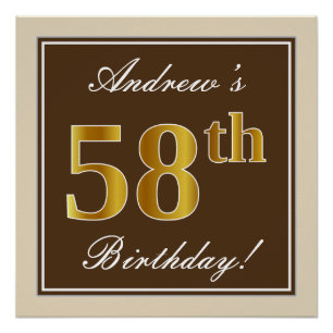 Poster Elégant, Brown, Faux Gold 58ème anniversaire + Nom