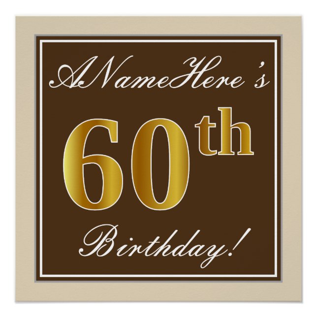 Poster Elégant, Brown, Faux Gold 60e anniversaire + Nom (Devant)