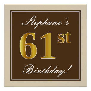 Poster Elégant, Brown, Faux Gold 61ème anniversaire + Nom