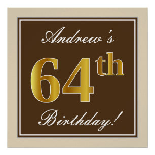 Poster Elégant, Brown, Faux Gold 64ème anniversaire + Nom
