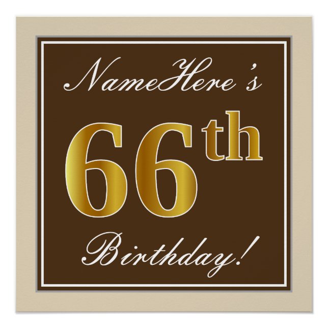 Poster Elégant, Brown, Faux Gold 66ème anniversaire + Nom (Devant)
